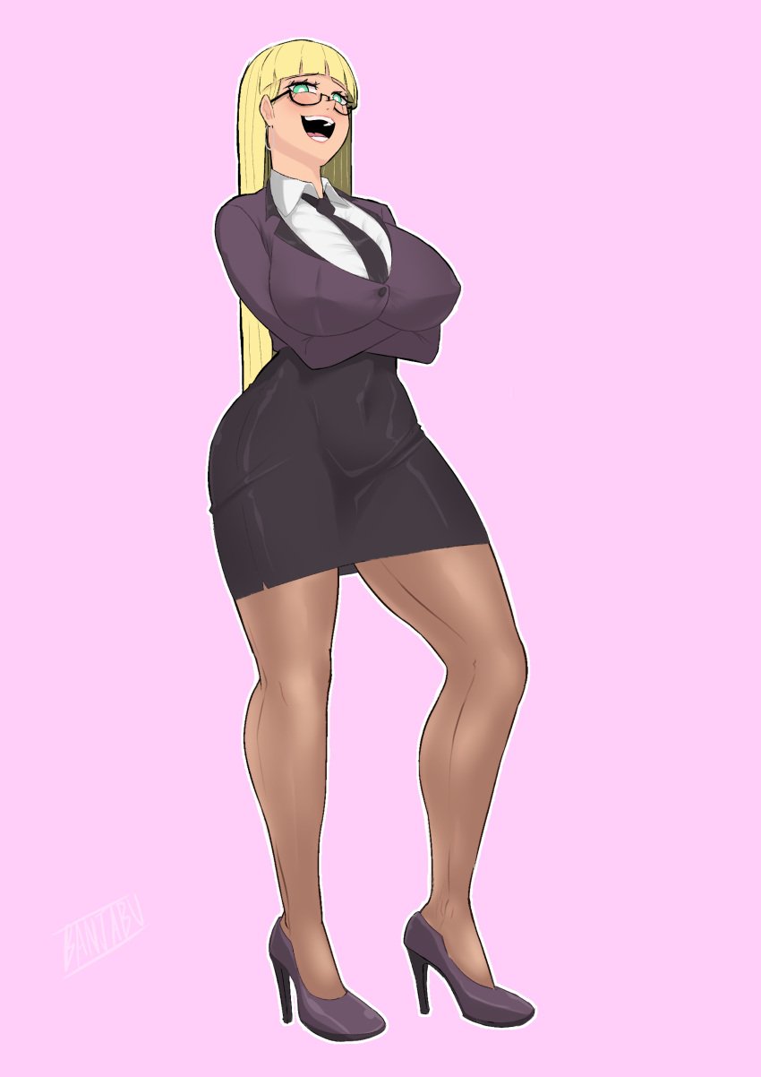 1girls 2d 2d_(artwork) arms_folded banjabu big_ass big_breasts big_butt blazer blonde_hair blonde_hair_female cleavage curvy curvy_figure disney disney_xd edit edited female glasses gravity_falls green_eyes happy happy_female heels hi_res high_heels highres hourglass_figure looking_at_viewer neck_tie office_clothing office_lady office_skirt office_uniform pacifica_northwest pink_background stockings suit tagme thick_thighs thighs wide_hips