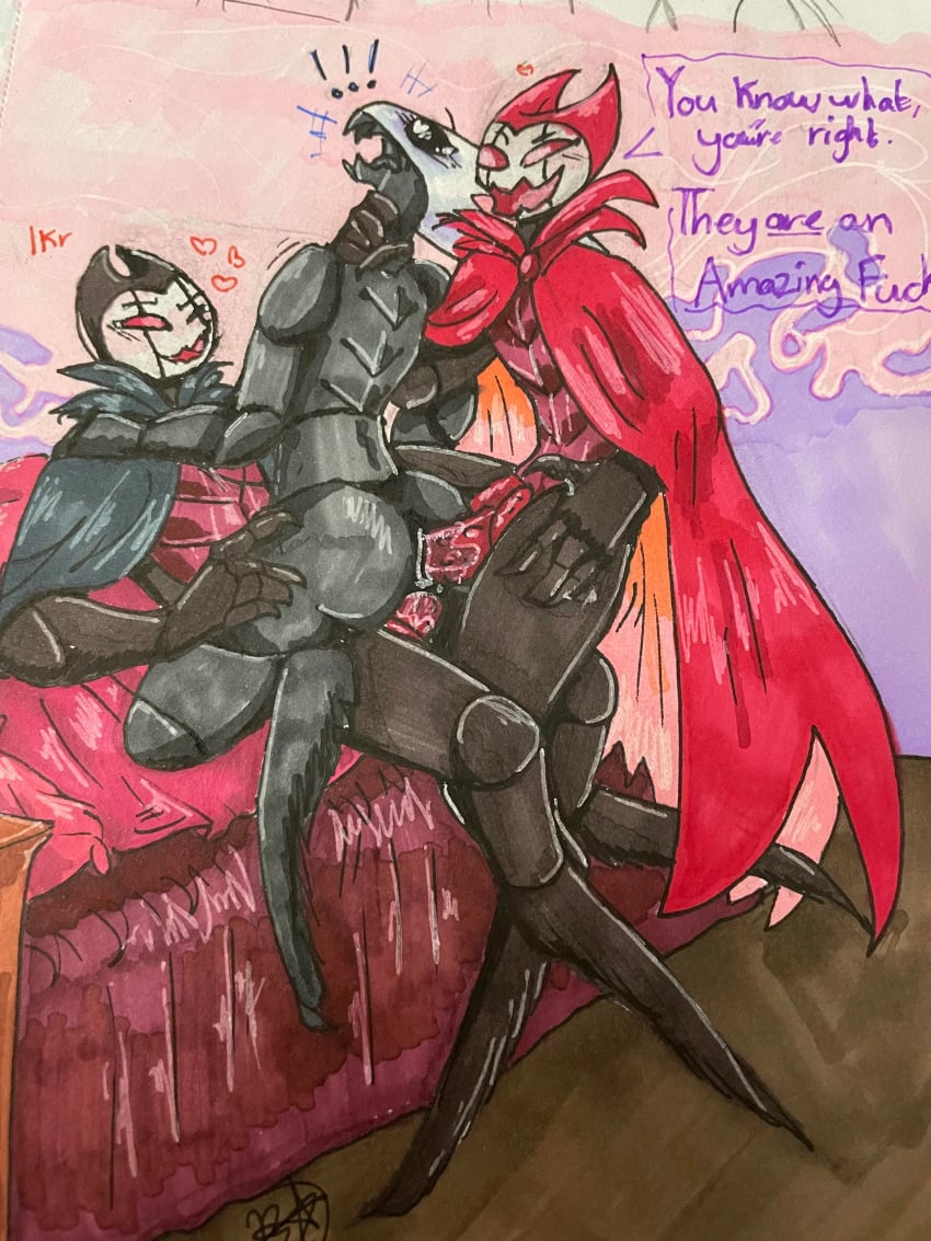 absurd_res anal anal_sex anthro asphyxiation bed choking cicadanoise cloak cloak_only clothing female furniture genitals grimm_(hollow_knight) group hand_on_leg hand_on_thigh hi_res hollow_knight hollow_knight_(character) male multiple_penetration nightmare_king_grimm_(hollow_knight) penetration penile_spines penis pure_vessel_(hollow_knight) surprise team_cherry trio vaginal_penetration vaginal_penetration vessel_(species)