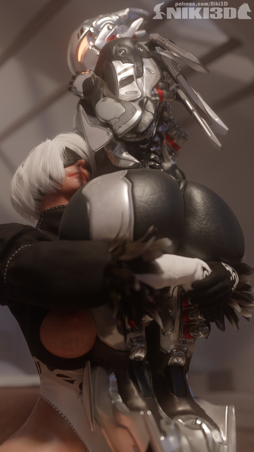 2girls 3d 3d_(artwork) android android_girl anthem ass ass_bigger_than_head ass_focus ass_grab breasts crossover eastern_and_western_character eyes_covered fat_ass female female_focus female_only hugging hugging_ass hugging_legs interceptor large_breasts leotard nier nier:_automata nier_(series) niki3d nipples robot robot_girl robot_humanoid short_hair thick_ass thick_thighs thighs watermark white_hair yorha_2b yuri