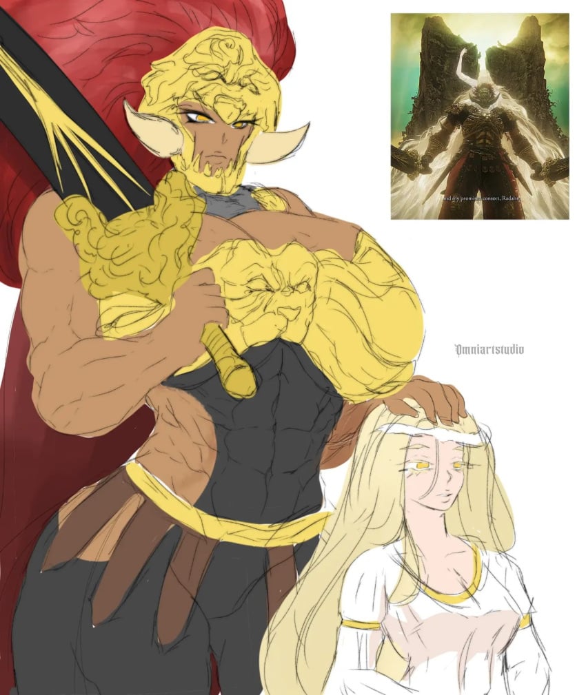 2boys 2girls abs armor big_breasts blonde_hair cleavage crossgender dark-skinned_female elden_ring female femboy femboy_on_female fromsoftware gate_of_divinity genderswap genderswap_(mtf) hand_on_head helmet miquella omniartstudio reference_image rule_63 shadow_of_the_erdtree size_difference starscourge_radahn weapon