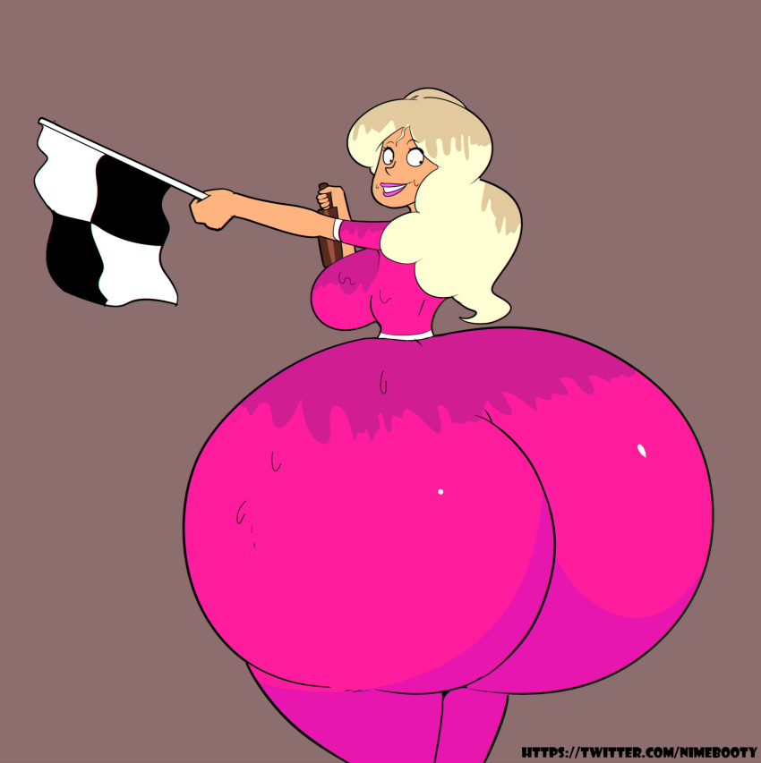 blonde_hair bottle_of_champagne champagne enormous_ass enormous_butt enormous_thighs huge_ass huge_butt huge_thighs hyper_butt nimebooty oggy_and_the_cockroaches pink_lipstick pit_girl race_flag tight_clothing trophy_girl_(oggy_and_the_cockroaches) wavy_flag wavy_hair wet_body wet_clothes wet_hair