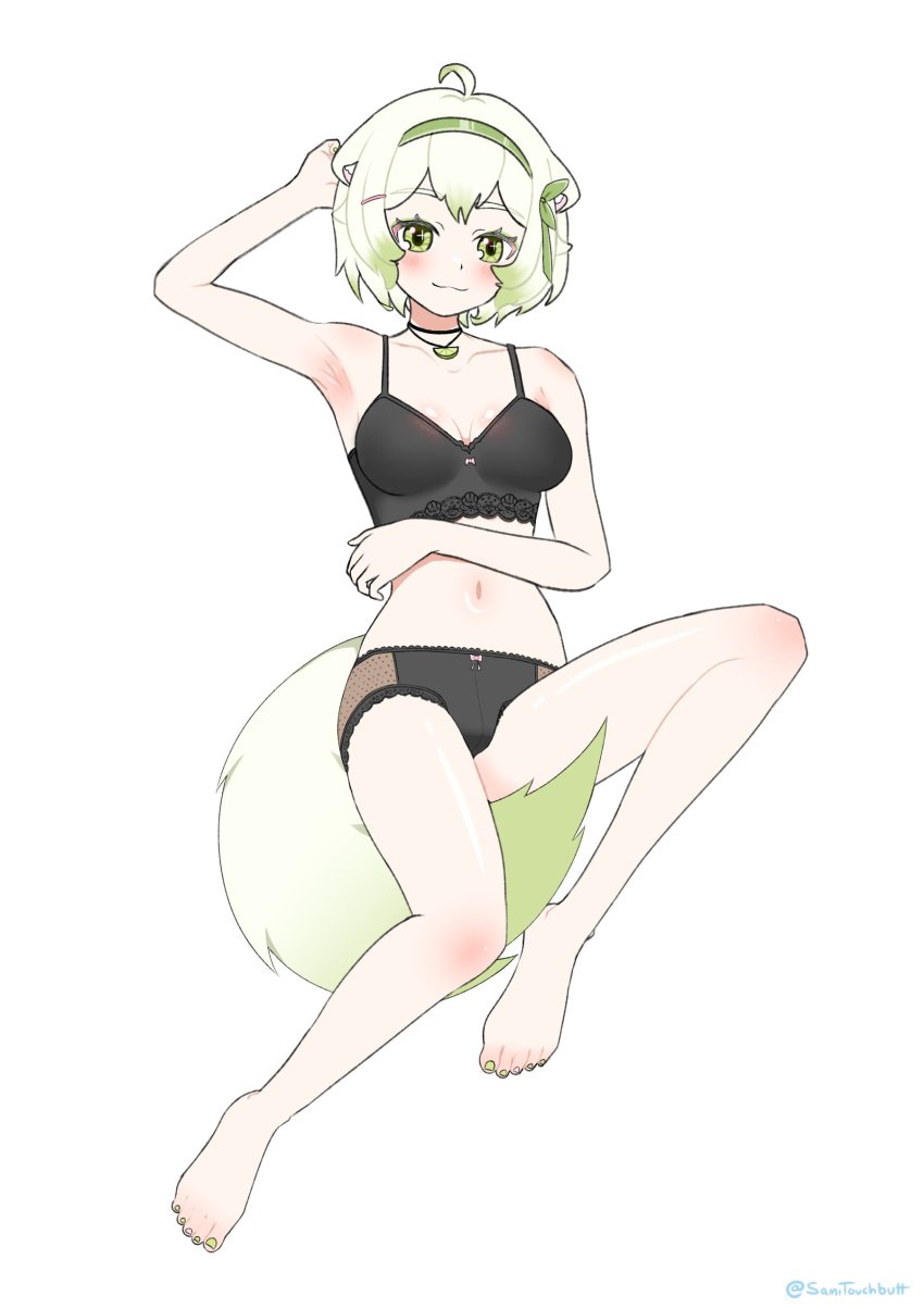 armpit arms_up black_bra black_panties blush bra feet ferret_girl ferret_tail green_eyes green_highlights laimu lime_eyes looking_at_viewer nail_polish panties samitouchbutt short_hair smirk tail tail_between_legs tummy white_hair