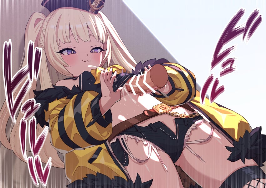 1boy :3 ass_visible_through_thighs azur_lane bache_(azur_lane) bar_censor bare_shoulders belt black_hat black_sailor_collar black_shirt black_shorts blonde_hair blush breasts brown_belt censored chains closed_mouth commentary_request cowboy_shot crop_top cum cum_in_clothes cum_on_body cum_on_clothes cutoffs denim denim_shorts disembodied_penis ejaculation female fishnet_thighhighs fishnets from_below fur-trimmed_jacket fur_trim hat highres jacket long_hair long_sleeves looking_at_penis micro_shorts midriff navel neckerchief off_shoulder open_clothes open_fly open_jacket open_shorts paid_reward_available penis purple_eyes robo_mikan sailor_collar sailor_hat shirt short_shorts shorts single_thighhigh sleeveless sleeveless_shirt small_breasts smile solo_focus standing straight thighhighs two_side_up variant_set veins veiny_penis yellow_jacket yellow_neckerchief