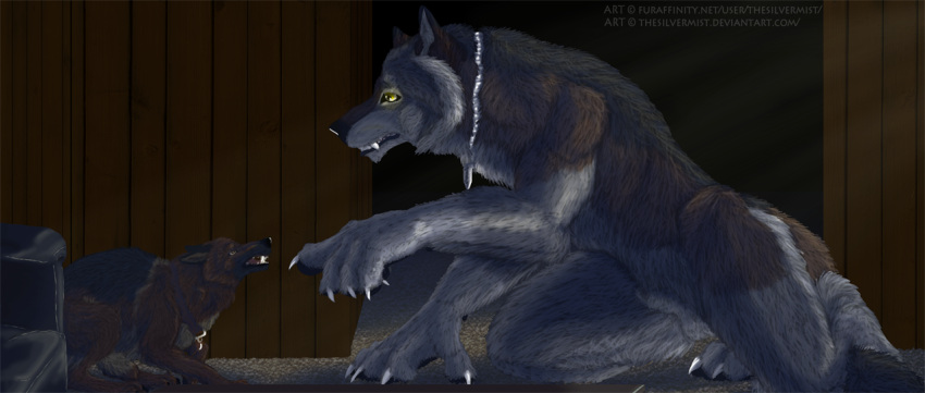 3d_(artwork) after_transformation alex_stryker animal_genitalia anthro balls canid canine canis claws collar cowering dark digital_media_(artwork) domestic_dog duo feral fully_sheathed fur furniture genitals german_shepherd glowing glowing_eyes growling herding_dog inside jewelry kneeling male mammal mythological_canine mythological_creature mythology necklace necklace_only nude open_mouth pastoral_dog scared sharp_teeth sheath sofa story story_in_description teeth thesilvermist were werecanid werecanine werewolf werewolf_tale yellow_eyes