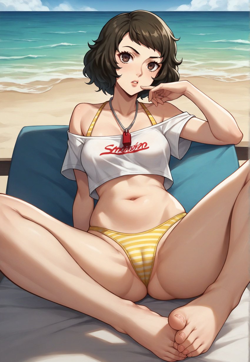 1girls ai_generated atlus beach bikini brown_hair brown_hair_female curly_hair curly_hair_female female female_focus female_only light-skinned_female light_skin looking_at_viewer megami_tensei persona persona_5 robinlover sadayo_kawakami sega short_hair short_hair_female solo solo_female solo_focus tagme