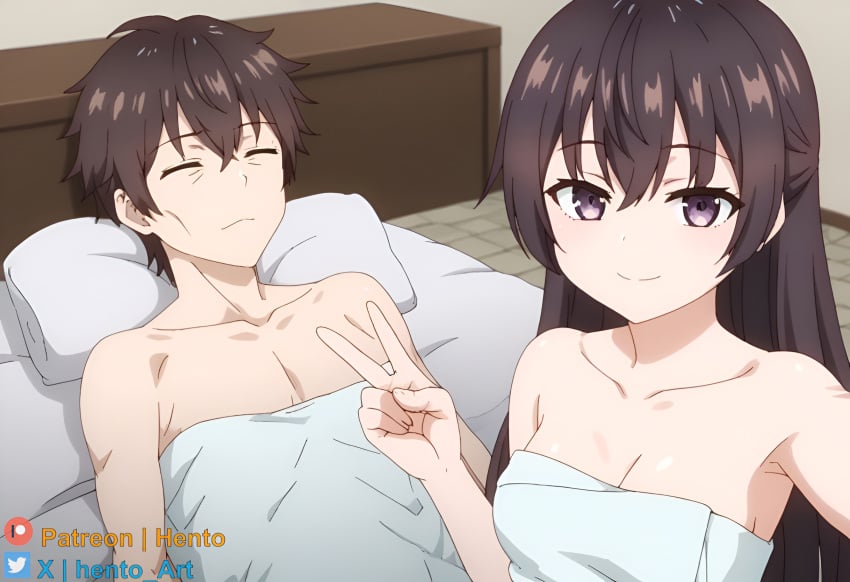 1boy 1girls absurd_res after_sex ai_generated brother_and_sister collarbone eyes_closed guy_tired_after_sex_(meme) hento highres incest kuze_masachika light-skinned_female light-skinned_male light_skin older_brother peace_sign sheets siblings suou_yuki tagme tired tokidoki_bosotto_russian_de_dereru_tonari_no_alya-san towel towel_only v_sign younger_sister