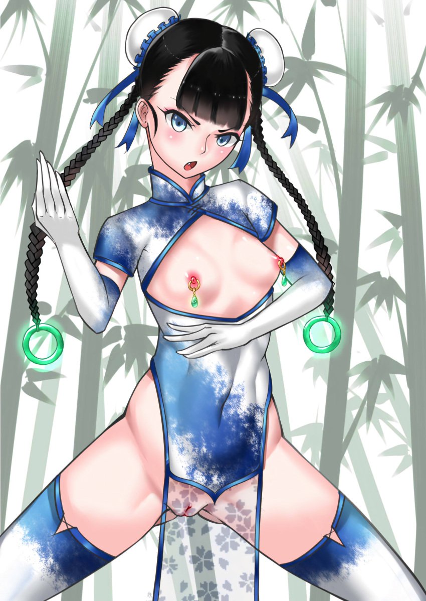 ass_visible_through_thighs black_hair blue_hair blunt_bangs blush braid breasts china_dress chinese_clothes cleft_of_venus double_bun dress elbow_gloves female functionally_nude gloves hair_bun high_collar highres long_hair martial_arts nipple_piercing nipple_rings nipples no_bra no_panties oerba_yun_fang open_mouth original pelvic_curtain perky_nipples petite petite_body petite_breasts petite_female piercing pussy revealing_clothes small_breasts solo spread_legs thighhighs twin_braids twintails uncensored vvv_(vvv98048917) young young_female young_woman
