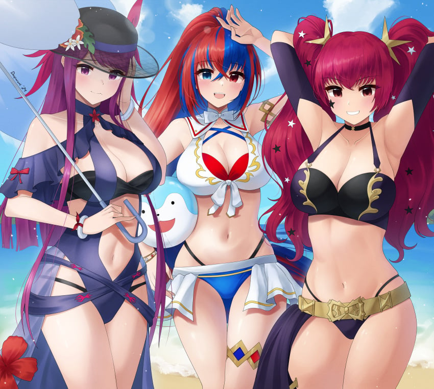 3girls :d alear_(female)_(fire_emblem) alear_(female)_(seaside_dragon)_(fire_emblem) alear_(fire_emblem) alternate_costume alternate_hairstyle armpits arms_up ball bandeau bare_arms bare_midriff bare_shoulders bare_thighs beach beachball belt bikini black_bikini black_choker black_hat blue_bikini blue_eyes blue_hair blue_one-piece_swimsuit blue_swimsuit breasts character_ball choker cleavage collarbone cowboy_shot detached_sleeves doiparuni facial_mark female female_only fire_emblem fire_emblem_engage fire_emblem_heroes flower hair_between_eyes hat heterochromia highres ivy_(fire_emblem) ivy_(summer)_(fire_emblem) large_breasts long_hair looking_at_viewer midriff multicolored_hair multiple_girls navel nintendo ocean official_alternate_costume official_alternate_hairstyle one-piece_swimsuit outdoors ponytail purple_bikini purple_eyes purple_hair purple_swimsuit red_bikini red_eyes red_flower red_hair red_swimsuit smile sommie_(fire_emblem) split-color_hair standing star_(symbol) stomach swimsuit thighs twintails very_long_hair white_bikini white_swimsuit yunaka_(fire_emblem)