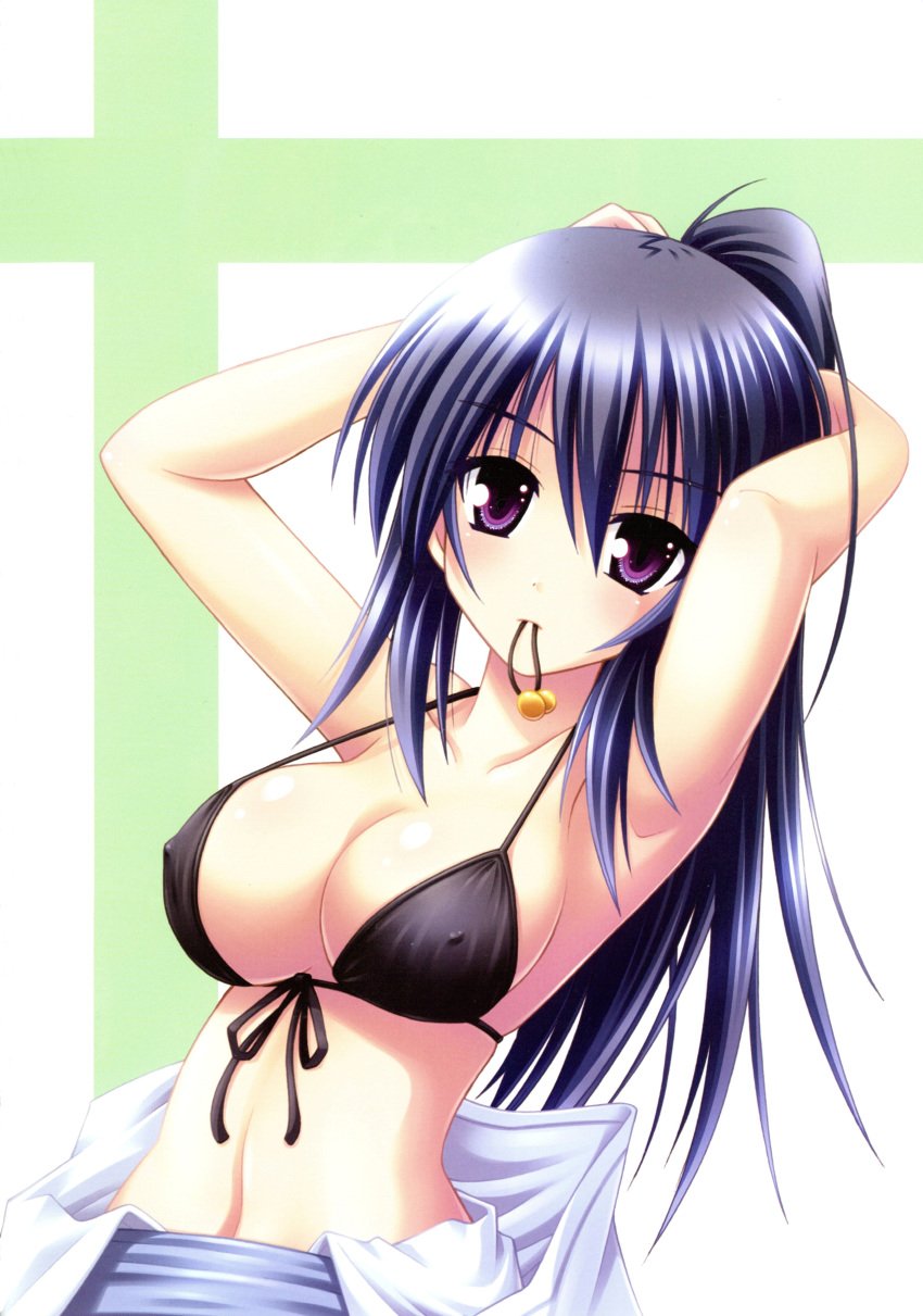 adjusting_hair armpits arms_up bikini_top blue_hair breasts cleavage covered_nipples female front-tie_bikini halterneck high_resolution himari_noihara_(omamori_himari) matra_milan mouth_hold omamori_himari ponytail purple_eyes shirtless tied_hair