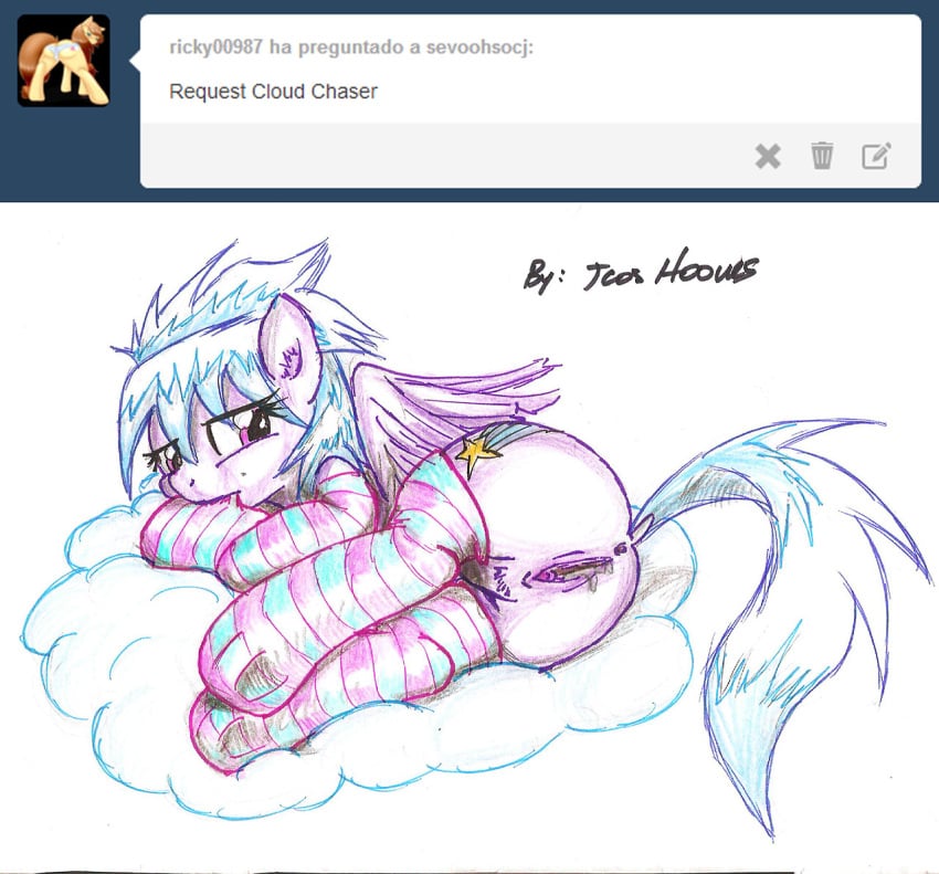 2014 anus ass bite blue_hair cloud cloud_chaser_(mlp) cutie_mark equine female feral friendship_is_magic hair horse jcoshooves lying mammal my_little_pony on_side pegasus pony pussy pussy_juice socks solo wings