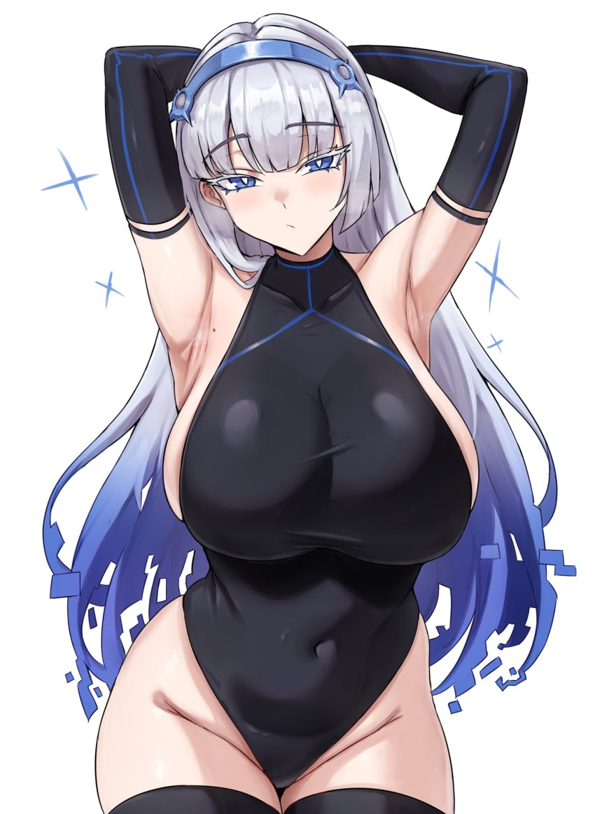 1girls big_breasts blue_eyes breasts fairy_(zenless_zone_zero) fangs_(fangs_art) female female_focus female_only huge_breasts large_breasts light-skinned_female light_skin looking_at_viewer sideboob solo solo_female thick_thighs thighs white_hair wide_hips zenless_zone_zero