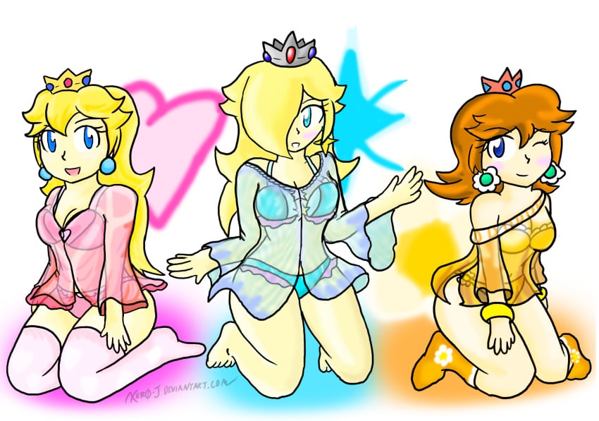 3girls female human kneeling lingerie mario_(series) multiple_girls nintendo princess_daisy princess_peach princess_rosalina xero-j