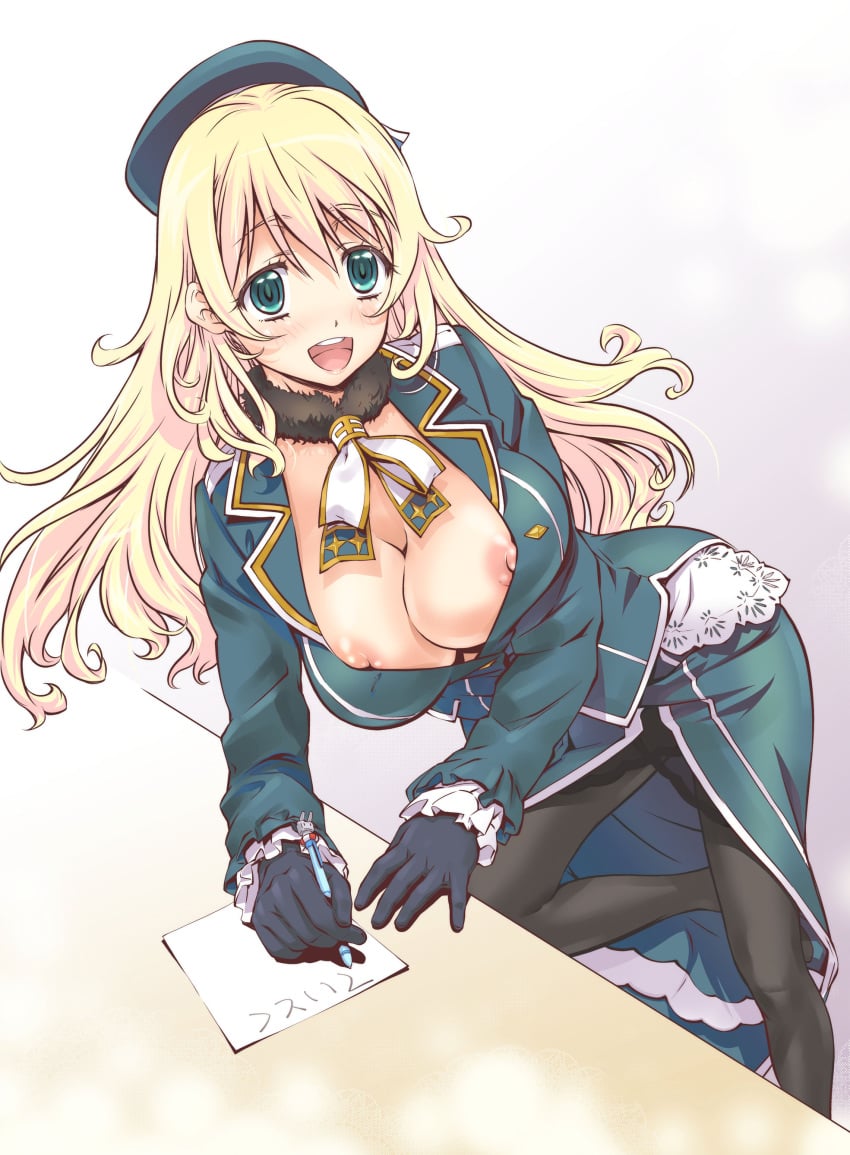 atago_(kantai_collection) black_gloves blonde_hair blush breasts female gloves green_eyes hat high_resolution kadokawa_games kantai_collection large_breasts letter long_hair looking_at_viewer military military_uniform nipple_slip nipples open_clothes open_mouth open_shirt pantyhose pencil personification smile solo suzuki24 uniform writing