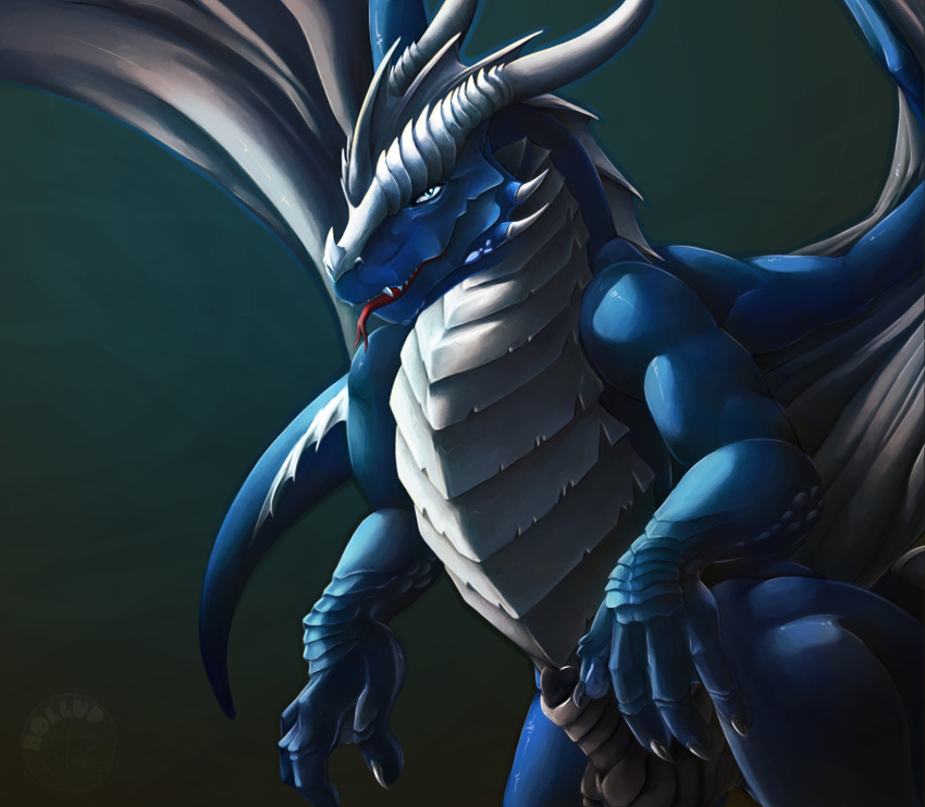 2014 balls biceps black_penis blue_eyes blue_skin claws darkness detailed dragon dragon_wings exto fangs forked_tongue hairless horn looking_at_viewer male male_only muscles no_nipples nude penis pose rumiir scalie sheath solo standing tongue tongue_out two_tone_skin white_scales wings