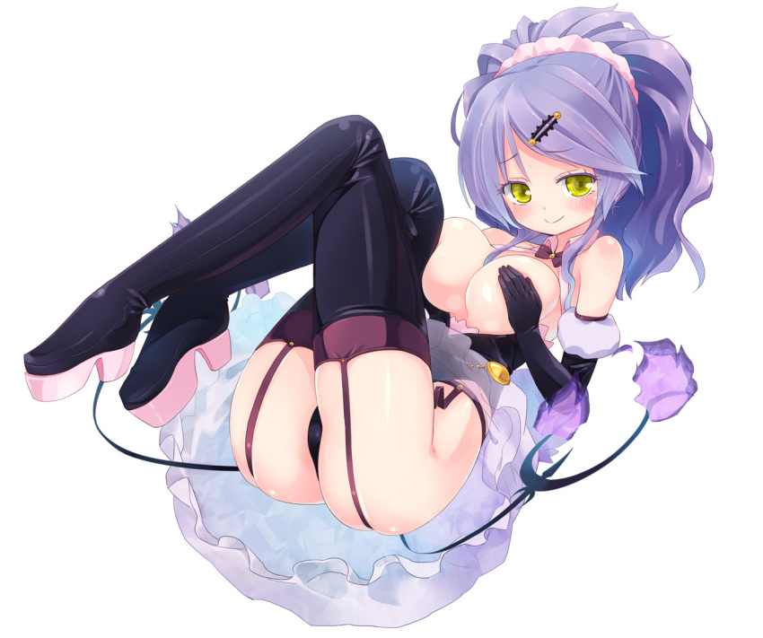 ass bare_shoulders black_gloves black_legwear black_panties blush breasts breasts_out chandelure collarbone covering_nipples female female_only garter_belt gloves hips homura_subaru humanized legs legwear lying nintendo on_back open_clothes panties personification pokemon purple_hair revealing_clothes skirt thighhighs underwear yellow_eyes