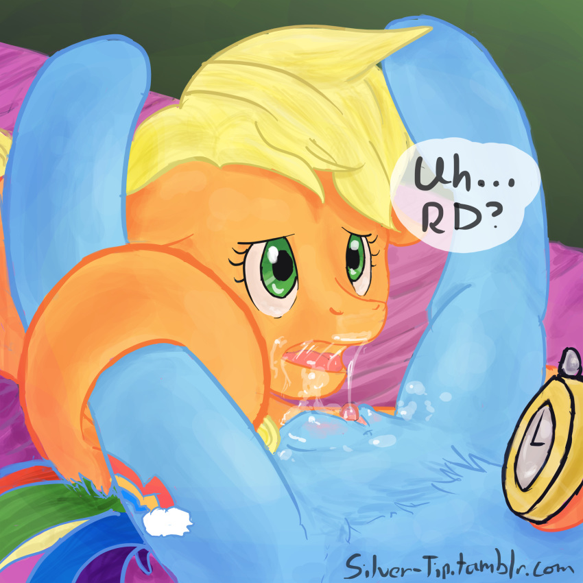 abstract_background applejack_(mlp) bed blonde_hair blue_fur clitoris cum cum_on_face cum_on_pussy cum_on_self cum_on_tongue cunnilingus dialog earth_pony equine female feral friendship_is_magic fur green_eyes hair horse lying mammal my_little_pony open_mouth oral oral_sex orange_fur pegasus plump_labia pony pussy rainbow_dash_(mlp) sex silver-tip stopwatch text timer tongue vaginal_penetration wings worry yuri