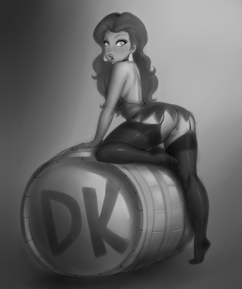 ass barrel bent_over dick_sucking_lips donkey_kong donkey_kong_(arcade) donkey_kong_(series) earrings feet leggings legoman looking_back mario_(series) monochrome nintendo open_mouth pauline pussy sideboob toes