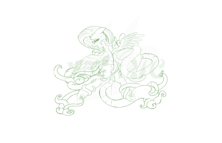 2014 caught drake_drachenlicht equine feral fluttershy_(mlp) friendship_is_magic horse mammal my_little_pony open_mouth pegasus pony pussy raised_tail sketch tentacle touching_hooves wet wings