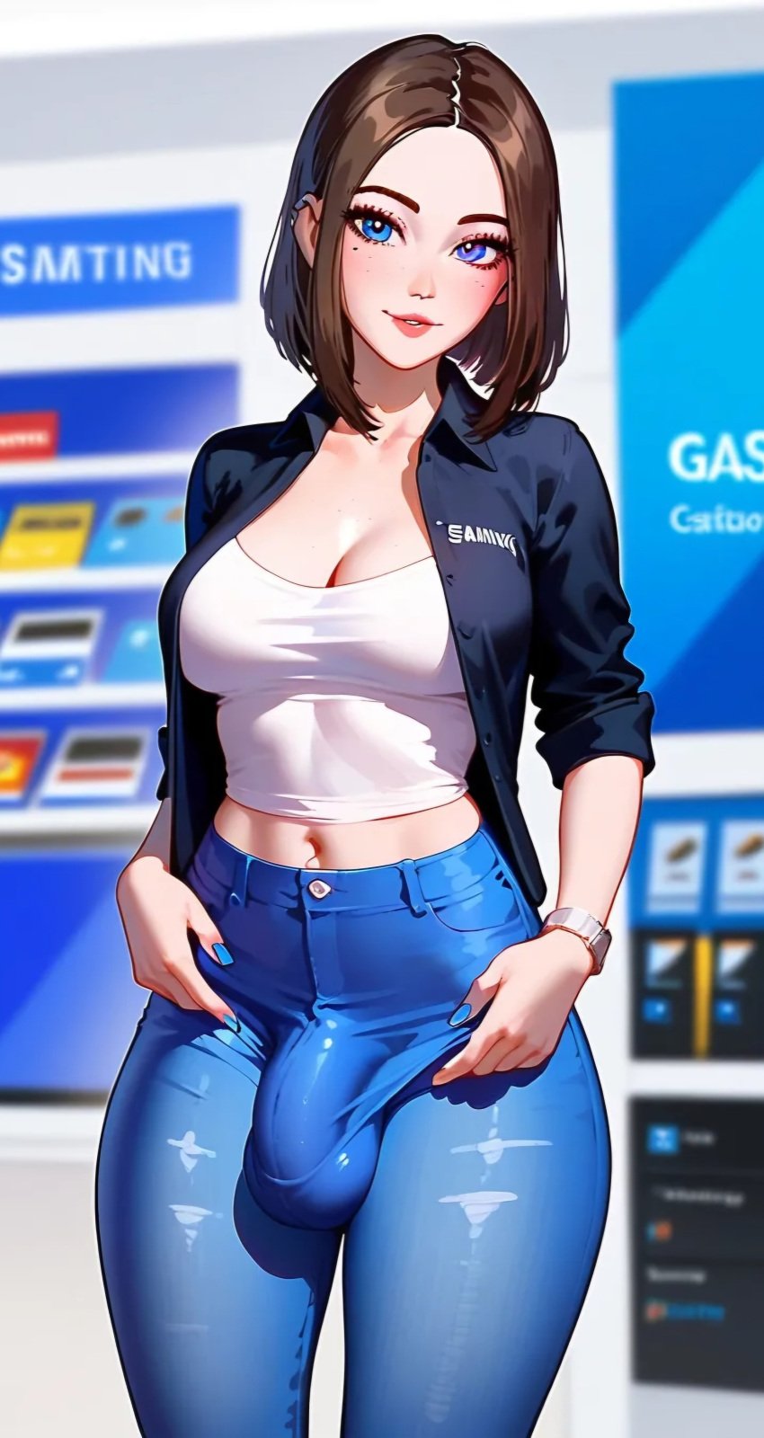 1futa ai_generated bulge bulge_through_clothing cleavage futa_only futa_sans_pussy futanari half-erect huge_cock jeans looking_at_viewer penis_bulge penis_under_clothes samsung samsung_sam semi-erect thick_thighs tight_clothing wide_hips