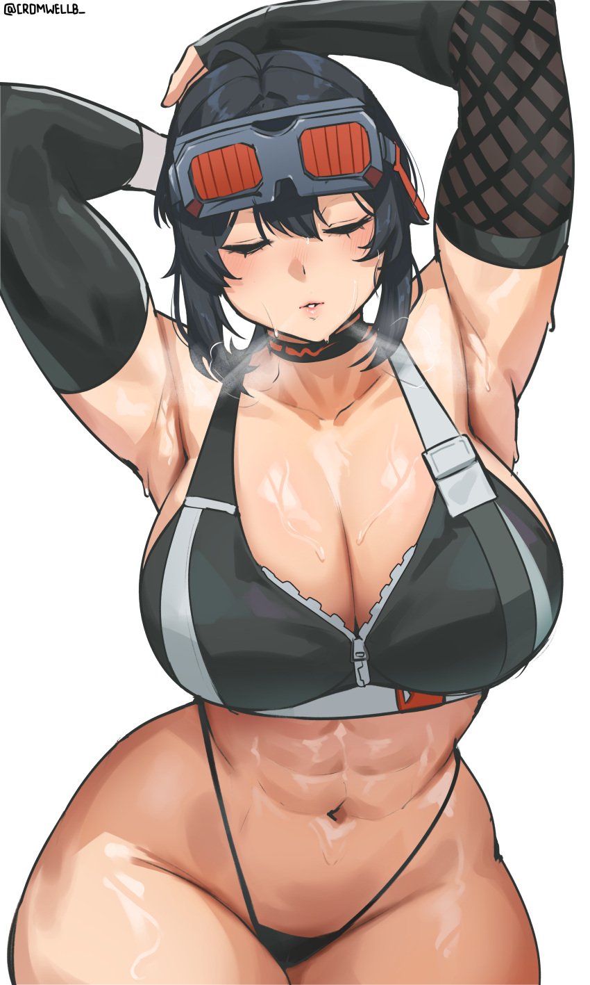 1girl 1girls abs armpits arms_above_head arms_up armwear big_breasts black_hair black_thong bra breasts breath busty busty_female cleavage closed_eyes collar collarbone cromwellb female_focus female_only fit_female goggles goggles_on_head grace_howard hourglass_figure navel pointy_chin simple_background sweat sweating sweaty_breasts thick thick_female thick_hips thick_thighs thong white_background wide_hips zenless_zone_zero zipper