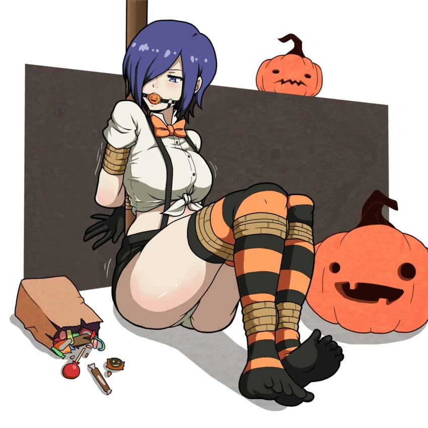 1girls alternate_costume ball_gag blue_eyes blue_hair bondage bound_ankles bound_legs female female_only gag gagged halloween jack-o'-lantern kirishima_touka solo tied_to_pole tiedtiki tokyo_ghoul