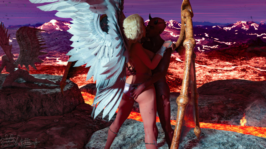 1boy 1girls 2023 3d angel angel_wings blonde_hair demon devil enetwhili2 female huge_breasts kissing large_breasts male nude nude_male outdoor_nudity outdoor_sex outdoors outside red_body red_skin standing straight volcano wings