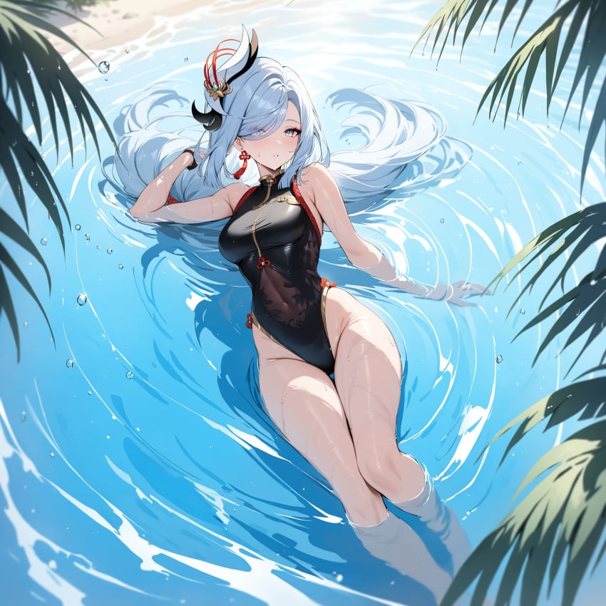 ai_generated genshin_impact hair_in_water laying ministro shenhe_(genshin_impact) swimsuit water wet