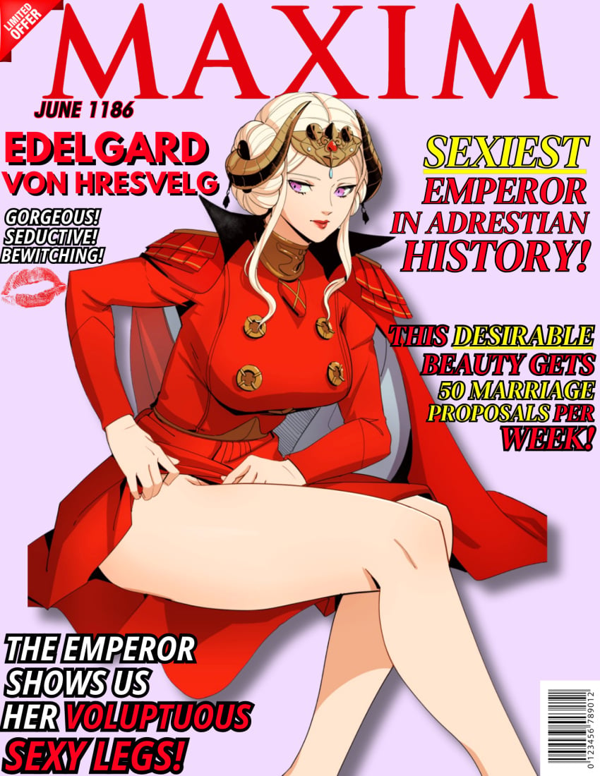 1girls artist_name bare_legs breasts buttons cape captainfrio commentary dress edelgard_von_hresvelg edit eightyfourart eyelashes fake_horns feet_out_of_frame female female_only fire_emblem fire_emblem:_three_houses highres horns jewelry large_breasts legs lifted_by_self long_hair magazine magazine_cover neck_ring nintendo patreon_logo patreon_username purple_eyes red_cape red_dress red_lips simple_background skirt_lift solo thighs white_background white_hair