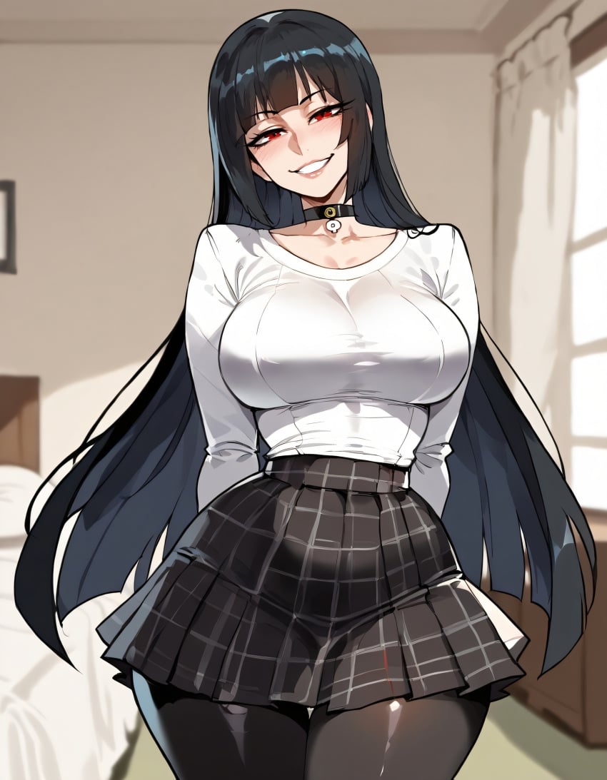 1girls ai_generated big_breasts black_hair blush clothed clothing color female female_focus female_only floppydisc hi_res hime_cut jabami_yumeko kakegurui large_breasts light-skinned_female light_skin long_hair red_eyes solo solo_female tagme thick_thighs