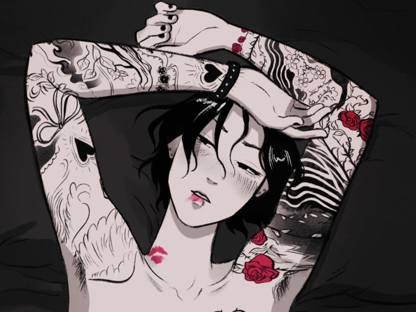 1girls 2d armpit_hair arms_above_head black_hair black_nails blush bracelet butch female flower_tattoo goth goth_girl heart_tattoo heartstrings_(series) labret_piercing lipstick_mark lipstick_marks lipstick_on_neck looking_at_viewer masculine masculine_female monochrome pierced_ears piercings punk punk_girl red_highlights ro_cambria_(heartstrings) rose_tattoo short_hair solo solo_female spice_aisle tattoo tattoo_sleeve tattooed_arm tattooed_arms wrist_tattoo