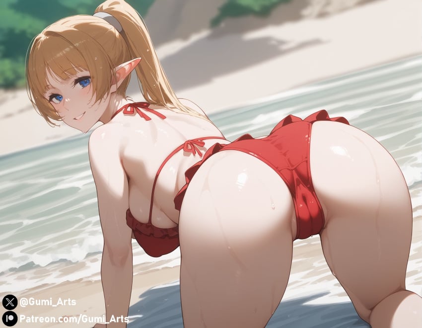 1girls ai_generated all_fours ass ass_focus back_view backboob blue_eyes covered_pussy dungeon_ni_deai_wo_motomeru_no_wa_machigatteiru_darou_ka elf elf_ears elf_female elf_girl female female_only gumi_arts lefiya_viridis light-skinned_female long_hair looking_at_viewer orange_hair pointy_ears pussy_visible_through_clothes pussy_visible_through_swimsuit smile smiling smiling_at_viewer swimsuit wet_body