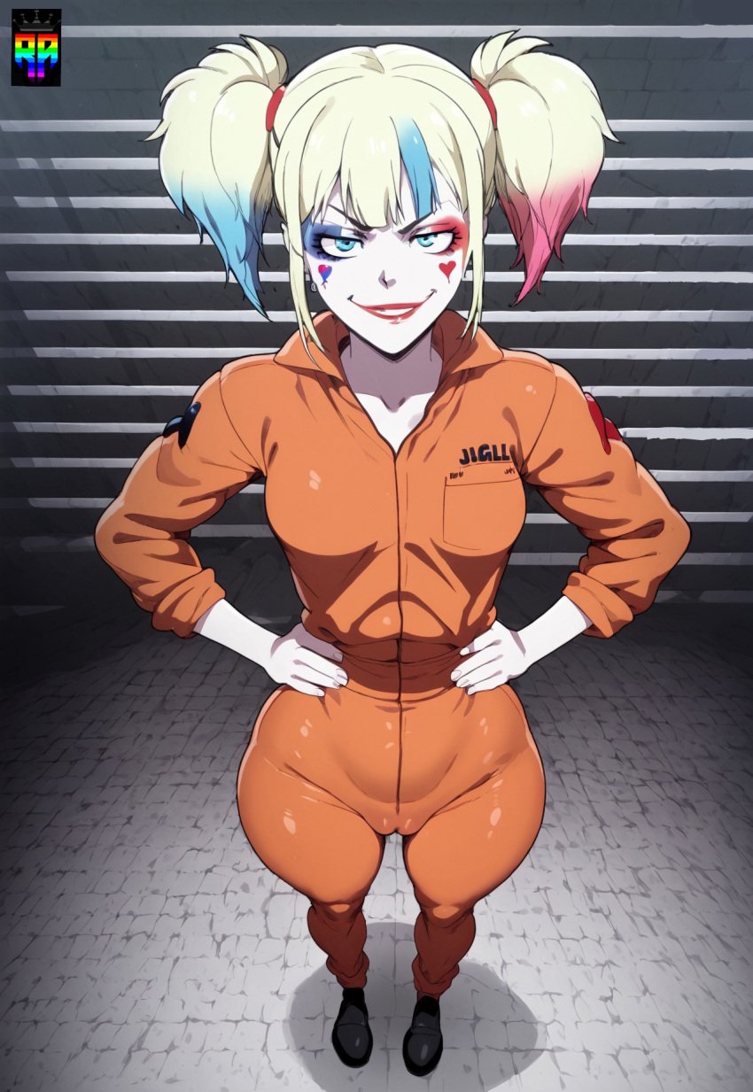 ai_generated big_ass blonde_hair bubble_butt cameltoe cute_face harley_quinn jiggle prisoner repartz small_breasts suicide_squad_isekai thick_thighs tight_clothing white_skin