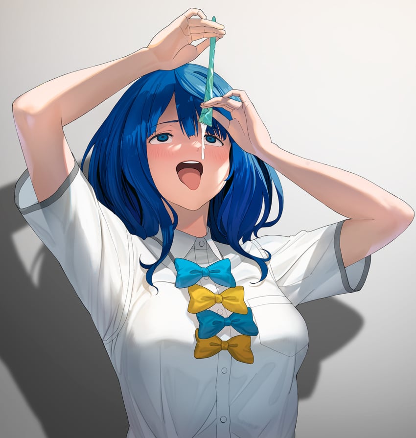 a1_(initial-g) blue_bow blue_bowtie blue_eyes blue_hair bow bowtie breasts commentary condom condom_drinking cum drinking_from_condom empty_eyes female highres large_breasts make_heroine_ga_oo_sugiru! school_uniform solo tongue tongue_out used_condom yanami_anna yellow_bow yellow_bowtie