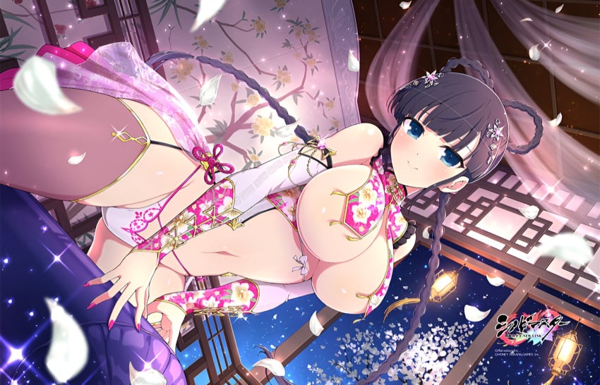 ass_visible_through_thighs bare_belly bare_shoulders belly_button big_breasts black_hair blue_eyes blush braid breasts brown_thighhighs chinese_clothes closed_mouth convenient_censoring garter_belt garter_straps hair_ornament ikaruga_(senran_kagura) jewelry long_hair nail_polish no_bra official_art panties senran_kagura shiny_skin side-tie_panties smile thick_thighs thighhighs thighs twin_braids underwear white_panties yaegashi_nan