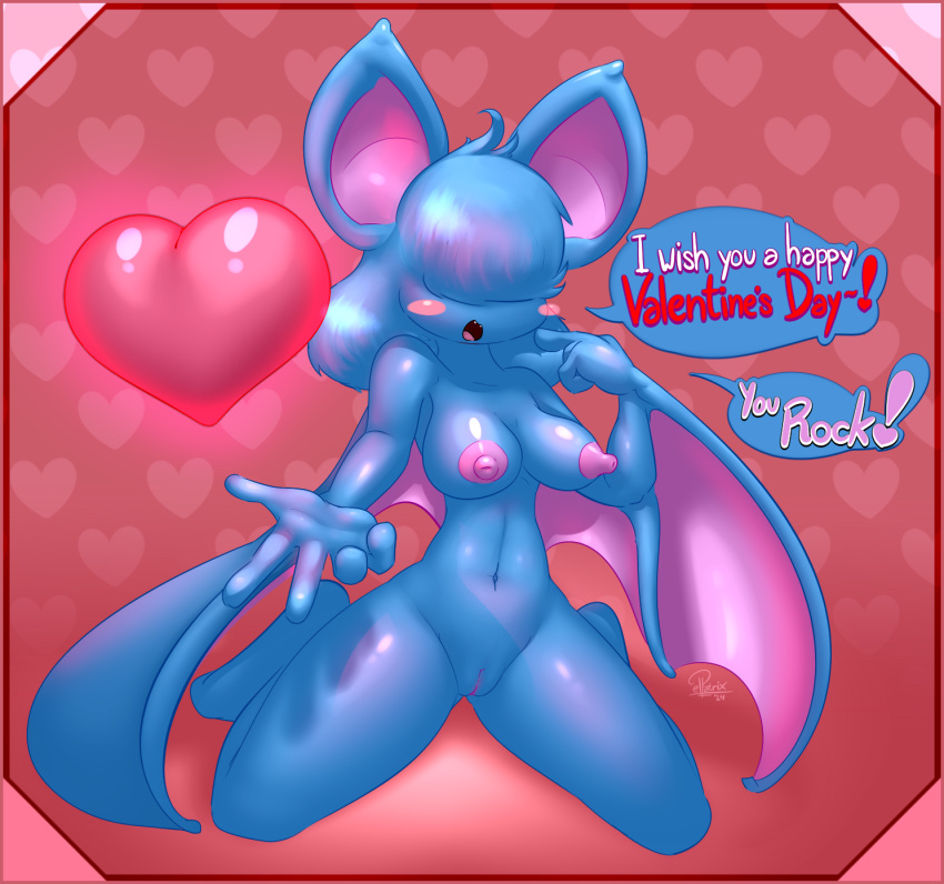 ! 2014 5_fingers anthro anthrofied bangs_(character) barefoot bat big_ears big_nipples blush breasts dialog elpatrixf english_text female hair happy heart hi_res holidays long_hair navel nintendo nipples nude on_floor open_mouth pink_background plain_background pokemon pussy raised_arm shadow shiny sitting smile solo text tongue valentine's_day video_games wings zubat