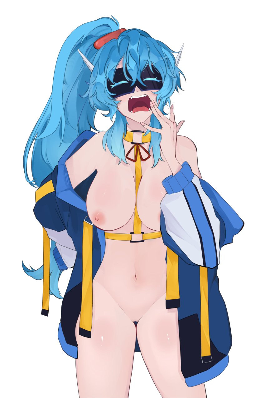 akiharu_akita blue_eyes blue_hair breasts female female_only frontal_nudity futuristic futuristic_clothing genderbent goggles jacket_open nude nude_female pussy rule_63 tinted_eyewear virtual_youtuber visor waking waking_up