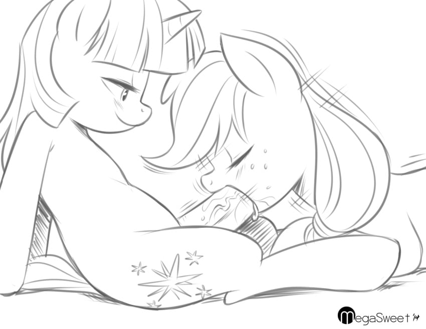 2014 applejack_(mlp) closed_eyes cutie_mark dickgirl duo equine female feral freckles friendship_is_magic hair horn horse horsecock intersex mammal megasweet my_little_pony oral oral_sex penis pony sex tongue twilight_sparkle_(mlp) unicorn vein