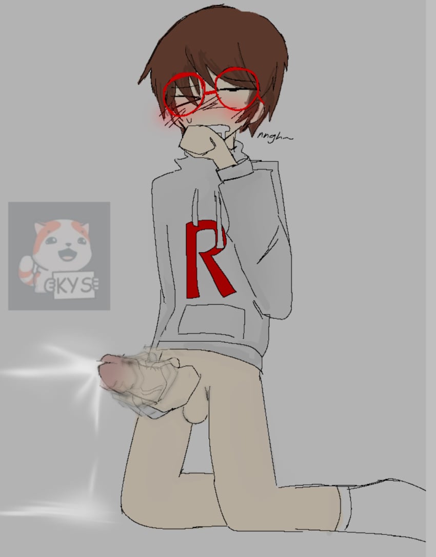 big_dick big_penis blush brown_hair cum_on_floor cumming cumshot drooling fapping feline glasses grey_hoodie hand_on_mouth handjob horny_male kneeling lustful_gaze masturbation moaning moaning_in_pleasure original_character pleasure_face pleasured red_glasses self_fondle self_pleasure short_hair thin_male trying_to_be_quiet xenophanez_(artist)