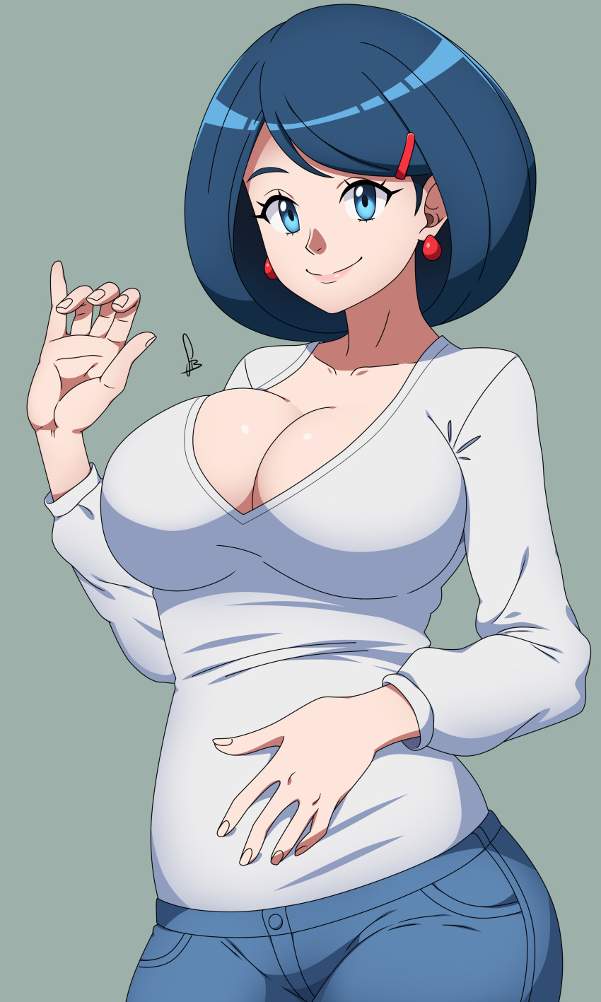 blue_eyes blue_hair dmy-gfx game_freak grey_background johanna_(pokemon) milf nintendo pokemon pokemon_dppt solo tagme