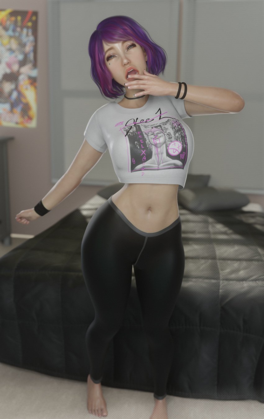 1girls 3d andavaverse barefoot bed bedroom clothed clothing crop_top female female_only midriff mslewd pelo purple_hair shirt solo teenage_girl thick_thighs wide_hips