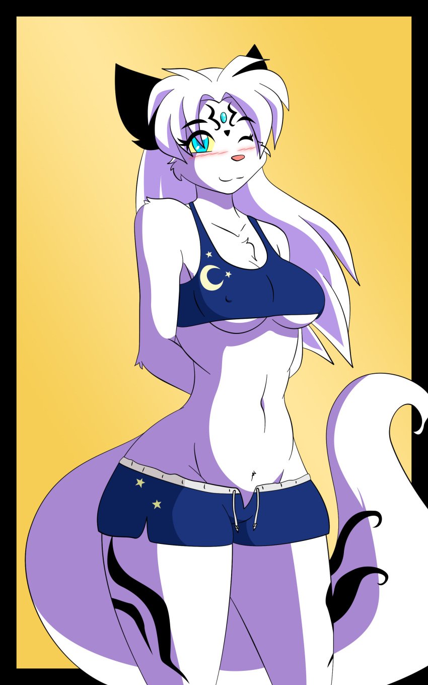 anthro babydoll blue_eyes breasts closed_mouth clothed clothing edit erect_nipples feline feline female fur hair hikari_(chalo) las_lindas looking_at_viewer mammal markings nipples plain_background skimpy solo standing white_fur white_hair