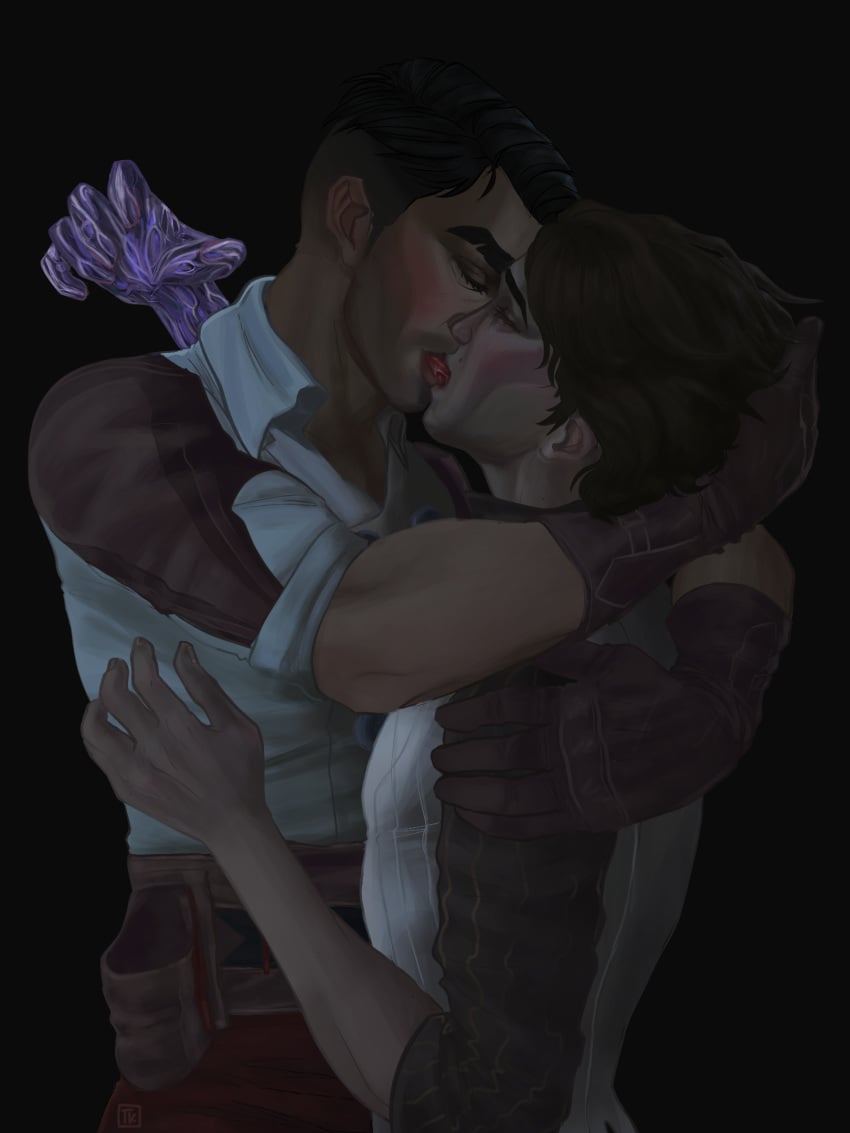 arcane arcane:_league_of_legends brown_hair closed_eyes clothing embrace gay homosexual hug jayce_talis jayvik kissing male muscular_male passionate realistic_textures skinny_male standing tongue tongue_out two_men viktor_(league_of_legends)