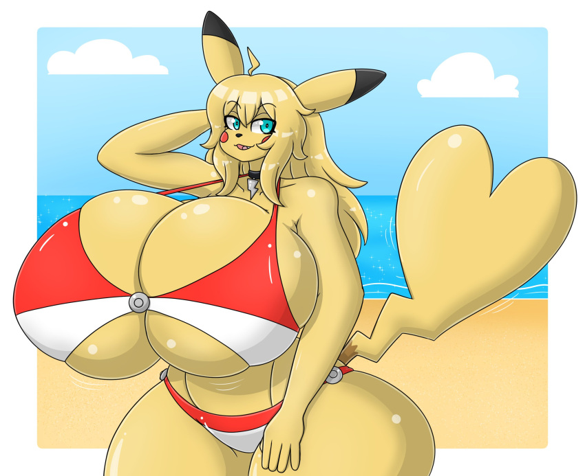 1girls big_breasts bikini breasts cleavage female furry huge_breasts jumneyarts pikachu pokemon pokemon_(species) tagme thick_thighs wide_hips