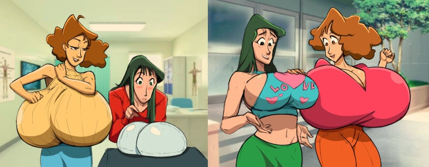 2girls breast_expansion breast_implants breasts_bigger_than_head breasts_bigger_than_torso colored crayon_shin-chan female first-second huge_breasts implants misae_nohara rokasta1_(artist) tagme ume_matsuzaka