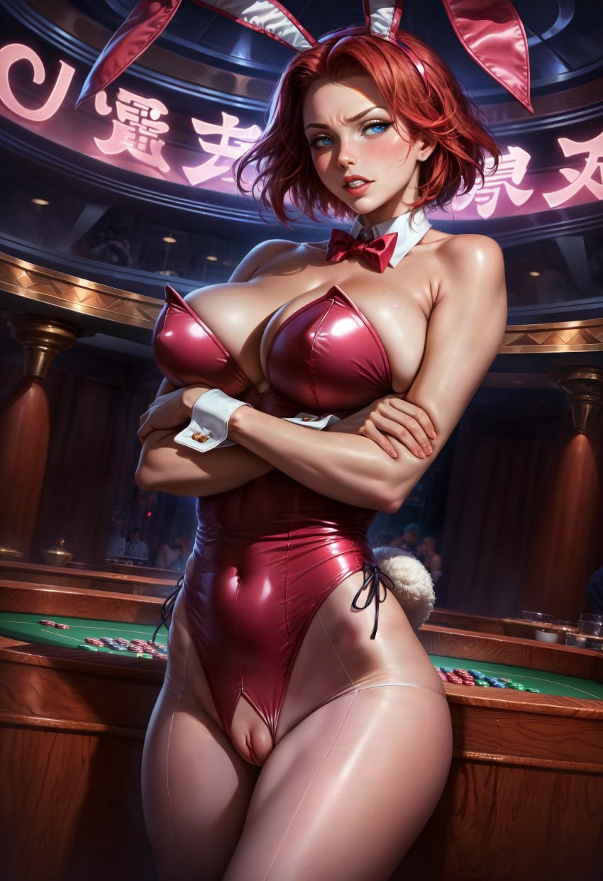 ai_generated animal_ears animal_tail bare_shoulders blue_eyes blush bow bowtie breasts bunny_ears bunny_girl bunny_tail bunnysuit cleavage clothing code_geass covered_navel crossed_arms crotchless detached_collar fake_animal_ears female female_only forehead freckles highleg highleg_leotard indoors kallen_stadtfeld large_breasts legwear leotard lips looking_at_viewer mole mole_under_eye naikedart navel nipples pantyhose parted_lips playboy_bunny red_bowtie red_hair red_leotard short_hair smile solo standing strapless strapless_leotard tail thighs torn_clothes vagina wrist_cuffs