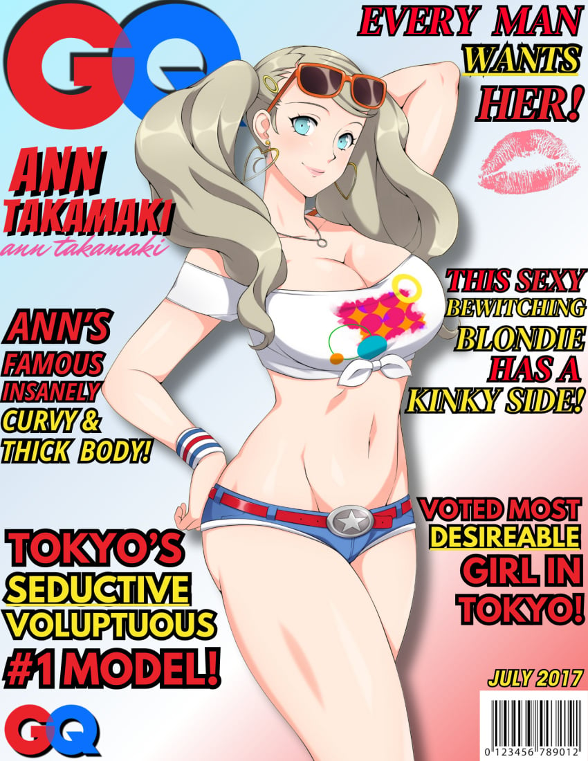 1girls ann_takamaki belt big_breasts blonde_hair blue_eyes blue_shorts breasts busty busty_female captainfrio clothing earrings edit female heart_earrings huge_breasts large_breasts lindaroze long_hair looking_at_viewer magazine magazine_cover necklace persona persona_5 persona_5_scramble:_the_phantom_strikers shirt short_shorts shorts sunglasses sunglasses_on_head thick_thighs tied_shirt white_shirt