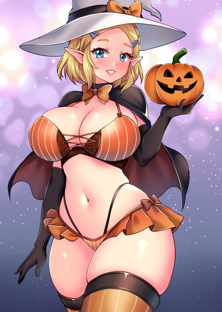 alternate_breast_size alternate_eye_color bikini breasts cape capelet cleavage elbow_gloves halloween_costume huge_breasts princess_zelda pumpkin short_hair slutty_costume sugarbell tears_of_the_kingdom the_legend_of_zelda thick_thighs thigh_squish thighhighs thong witch witch_costume witch_hat