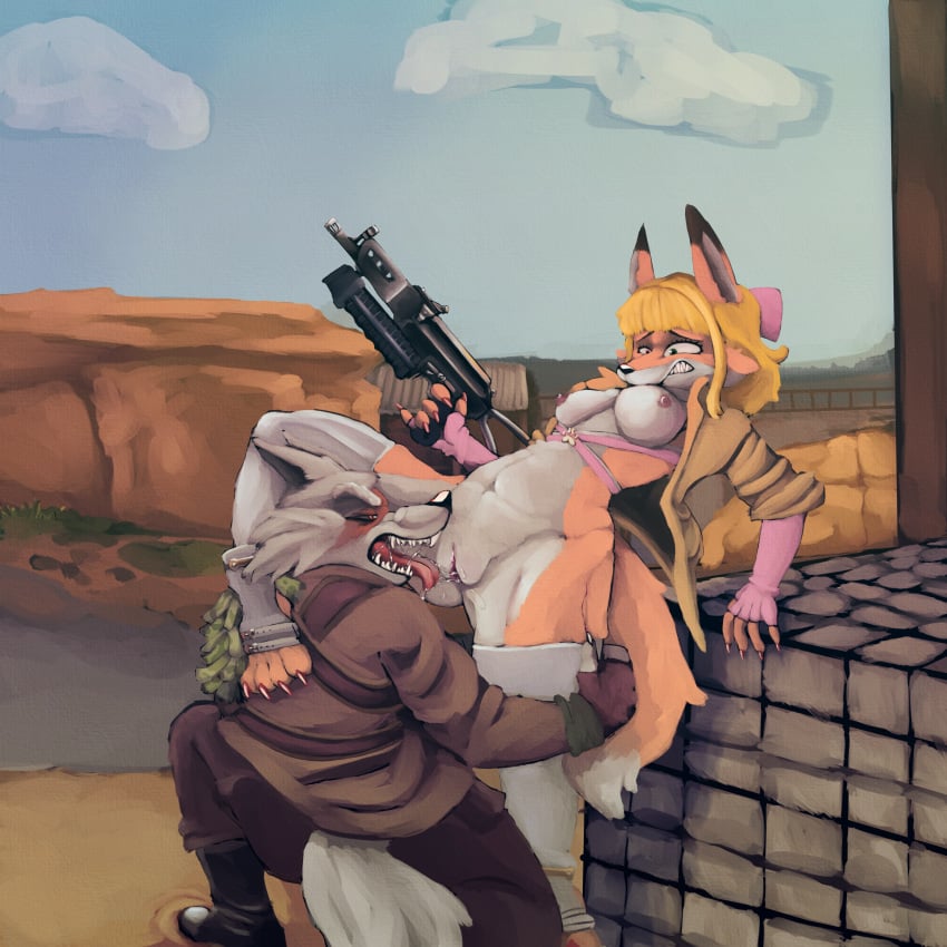 absurd_res akai_hime_(wild_assault) akaihime anthro bodily_fluids breasts canid canine canis cunnilingus daki_woo duo female fox genital_fluids gun heterochromia hi_res humanoid male male/female mammal military nipples oral pink_nipples public public_nudity public_sex ranged_weapon red_fox sex true_fox vaginal_fluids vaginal_penetration weapon wild_assault wolf