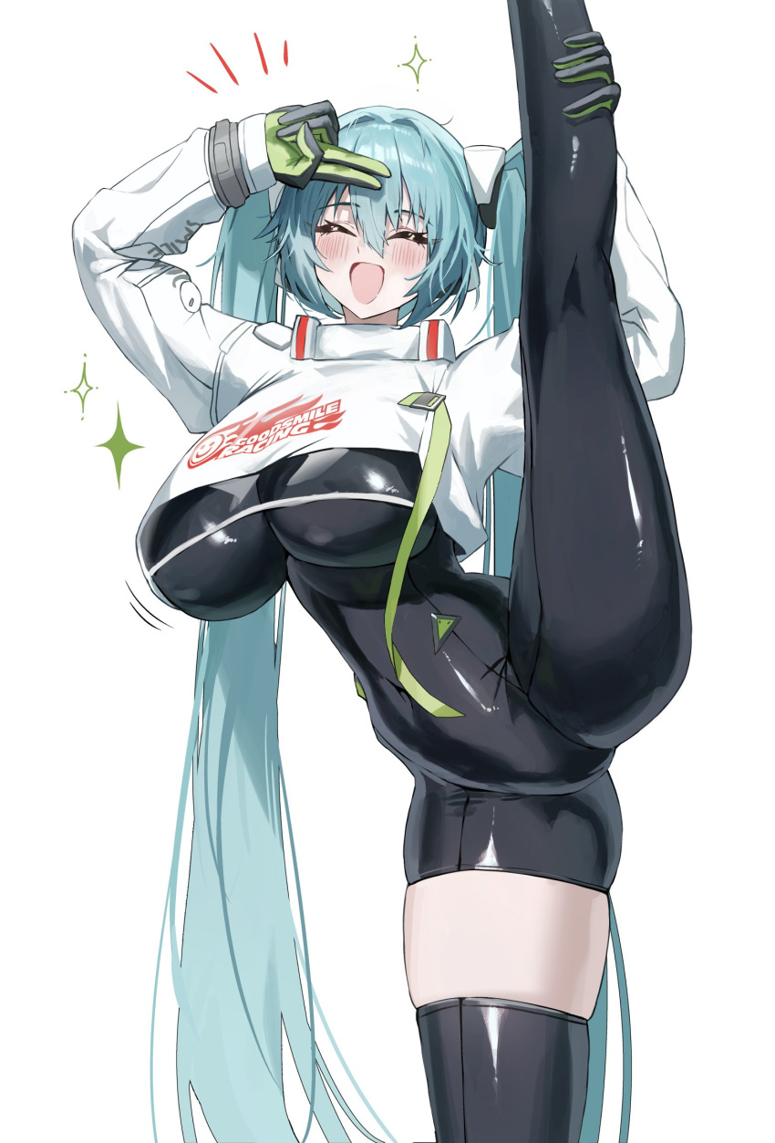 blue_hair bodysuit clothed happy hatsune_miku huge_breasts legs_apart racing_miku skin_tight thick_thighs twintails vocaloid yoga_pose