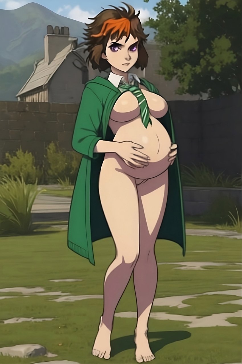 1girls ai_generated background barefoot belly big_belly big_breasts breasts brown_hair day dralexz feet female female_only front_view full_body grass green_clothing harry_potter holding_belly holding_stomach light-skinned_female light_skin magic magical_girl merula_snyde mostly_nude necktie outdoor_nudity outside partially_clothed pixai.art pregnant purple_eyes short_hair short_hair_female solo tie tiptoes two_tone_hair wish wizarding_world